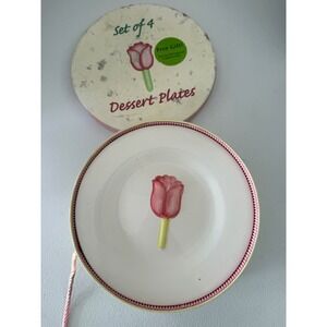 Vintage PAI Dessert Plates Set of 4 Pink Tulip Floral White Ceramic Gift Box Set